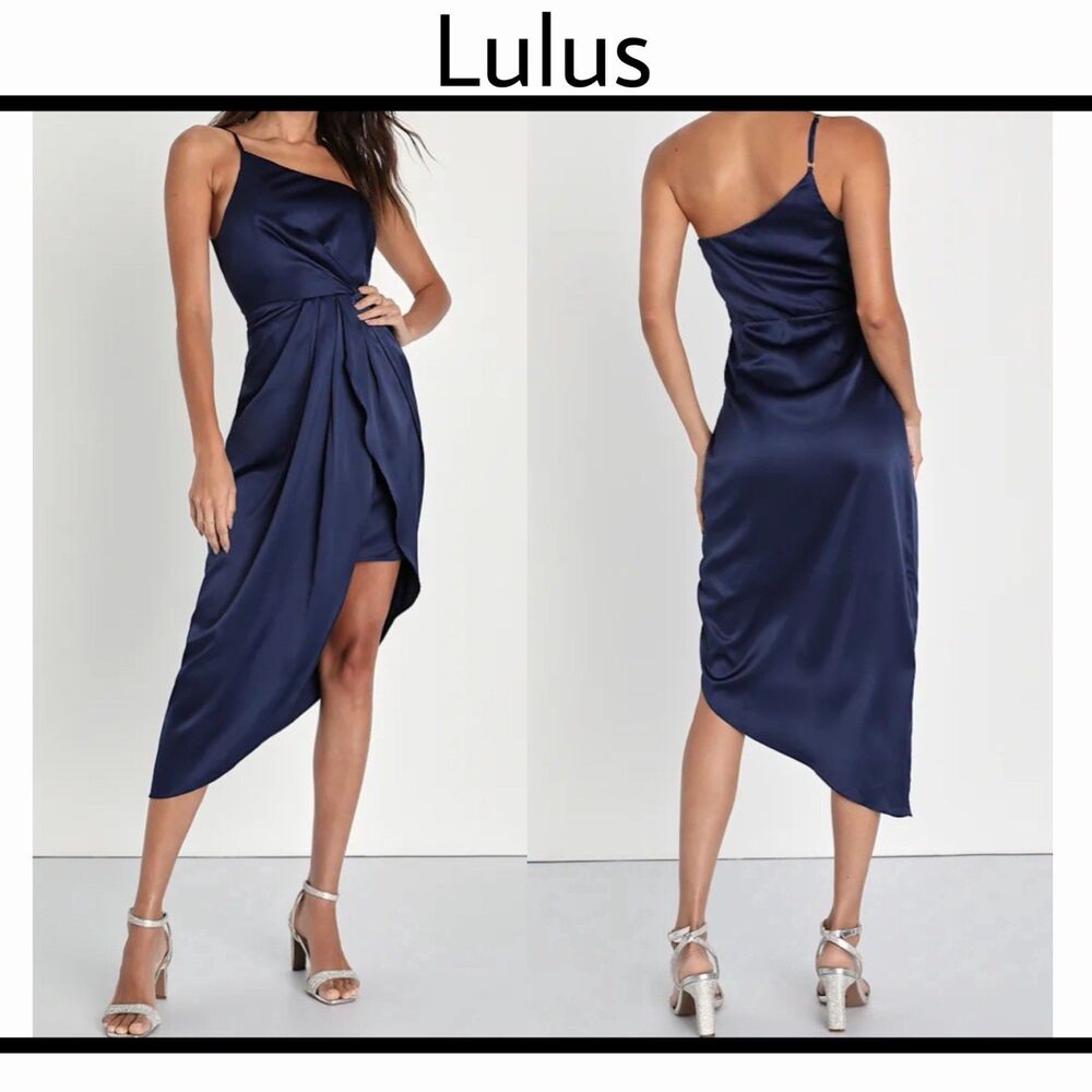 Lulu's Navy Satin Asymmetrical Midi Dress